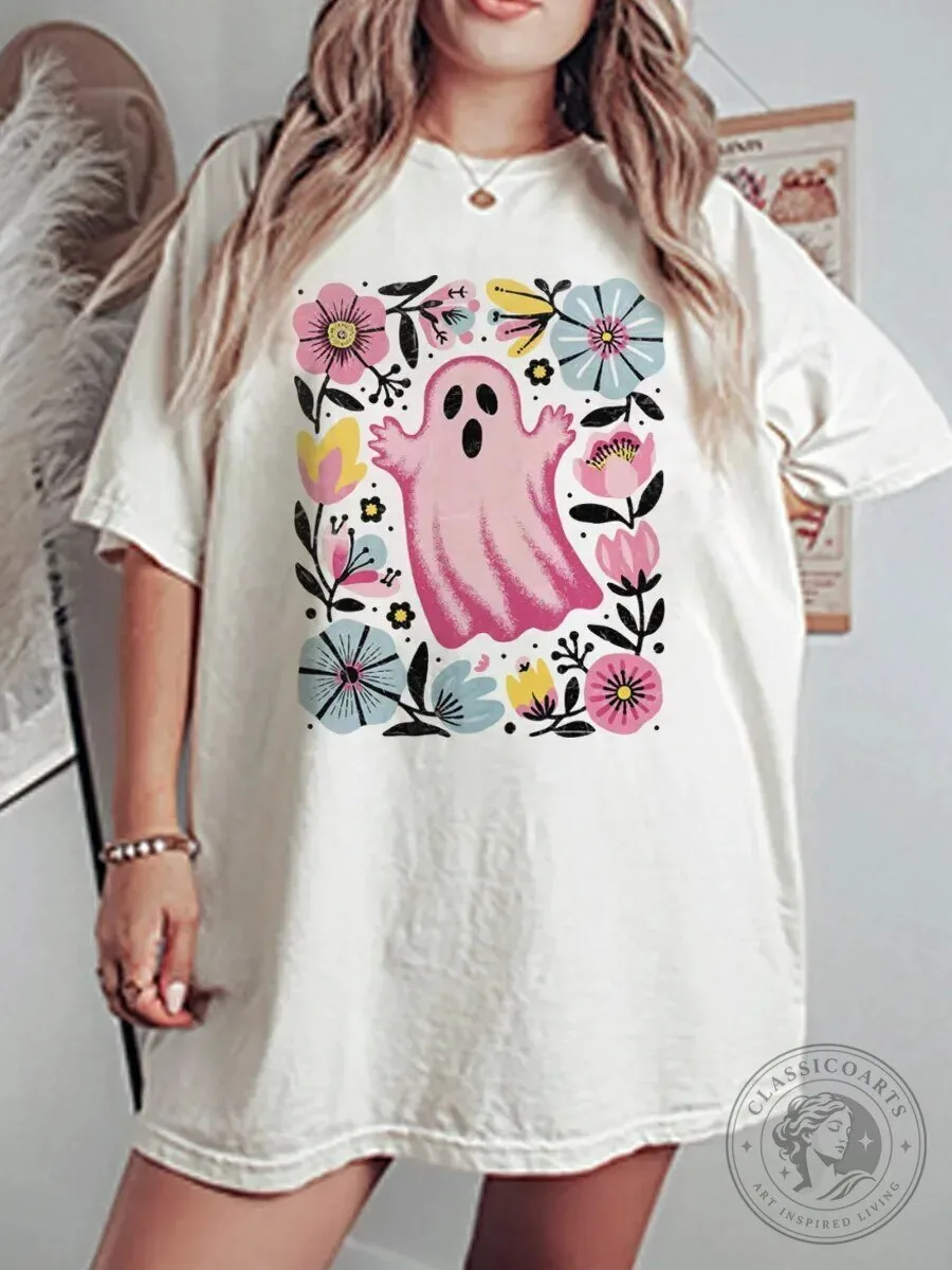 Cute Pink Ghost Floral Halloween Graphic T-Shirt for Women