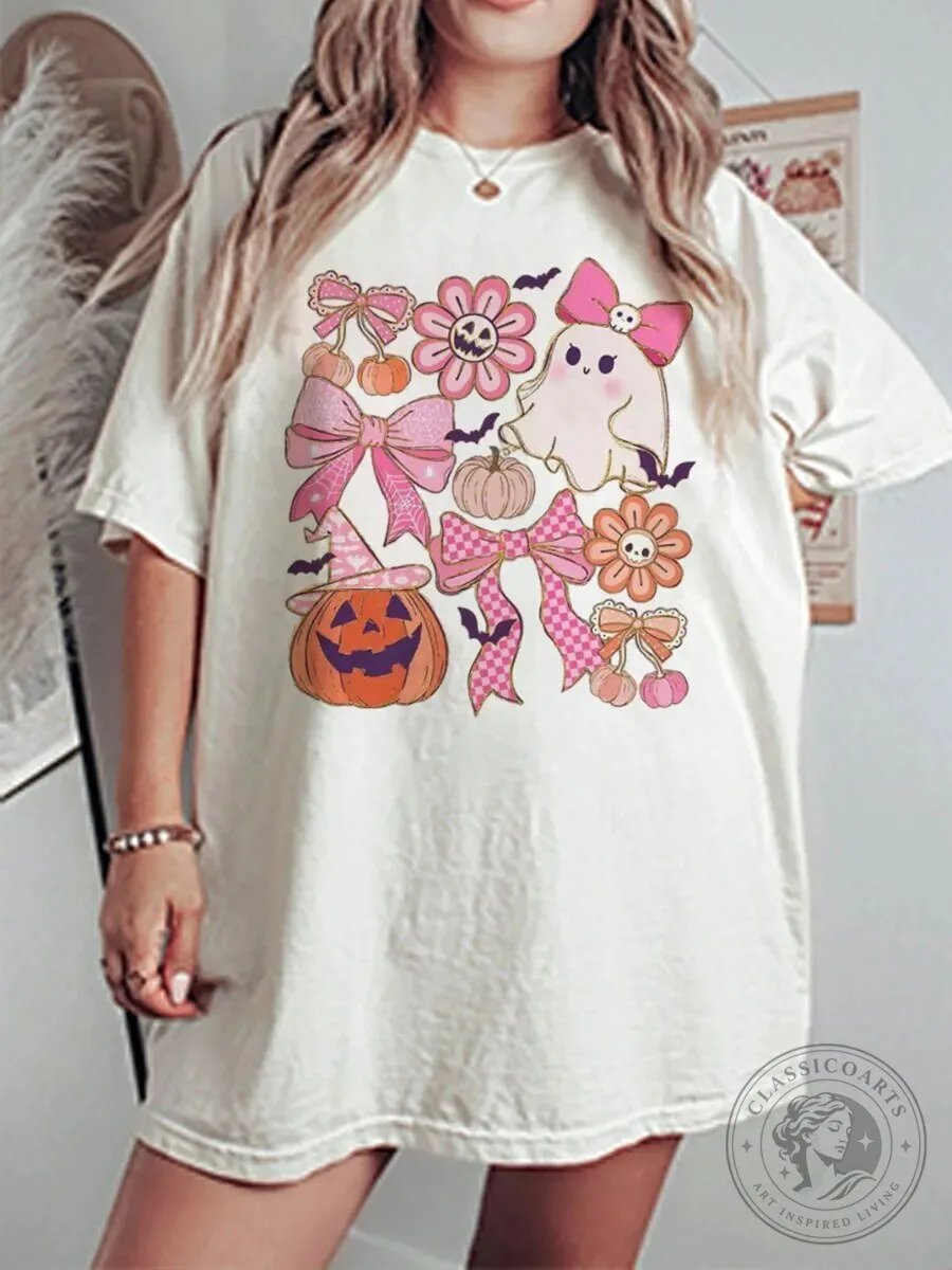 Cute Halloween Ghost and Pumpkin Bows Graphic T-Shirt for Women