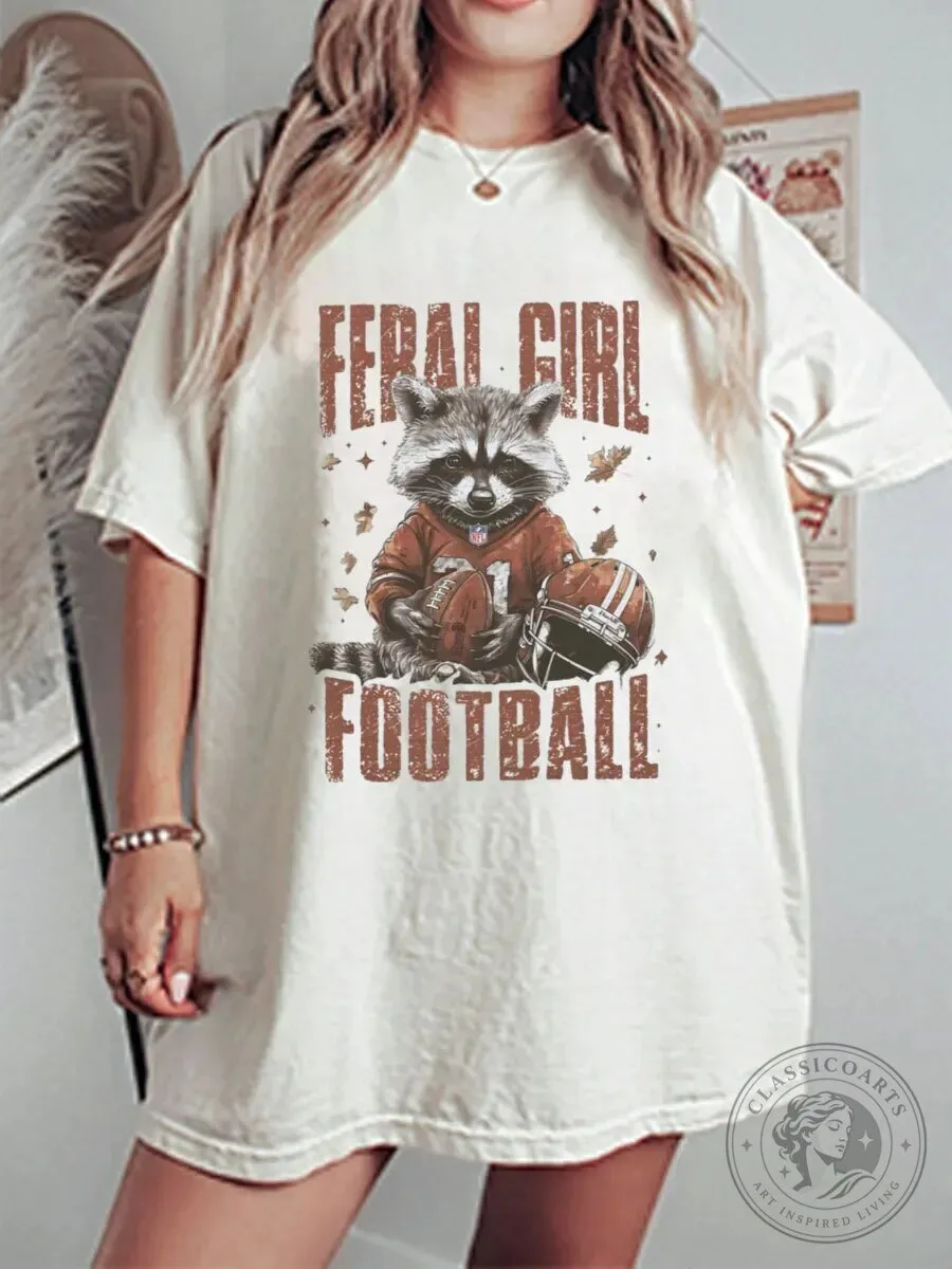 Feral Girl Football Raccoon Graphic T-Shirt