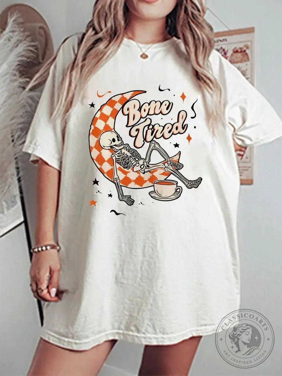 Bone Tired Skeleton Moon Coffee Halloween T-Shirt