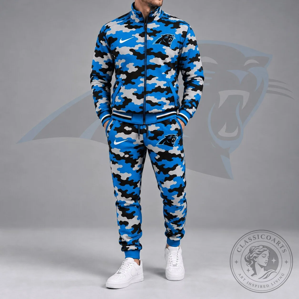 Carolina Panthers Blue Camouflage Tracksuit Set with Zip Up Jacket and Jogger Pants