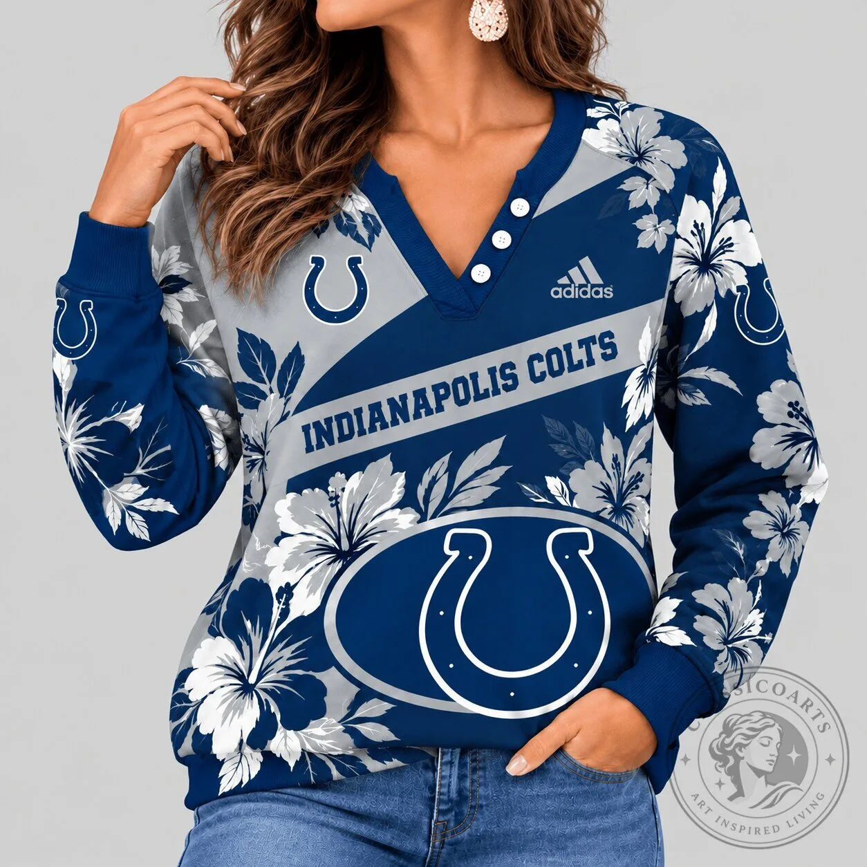 Indianapolis Colts Tropical Floral Henley Long Sleeve Sweatshirt 1 Indianapolis Colts Tropical Floral Henley Long Sleeve Sweatshirt
