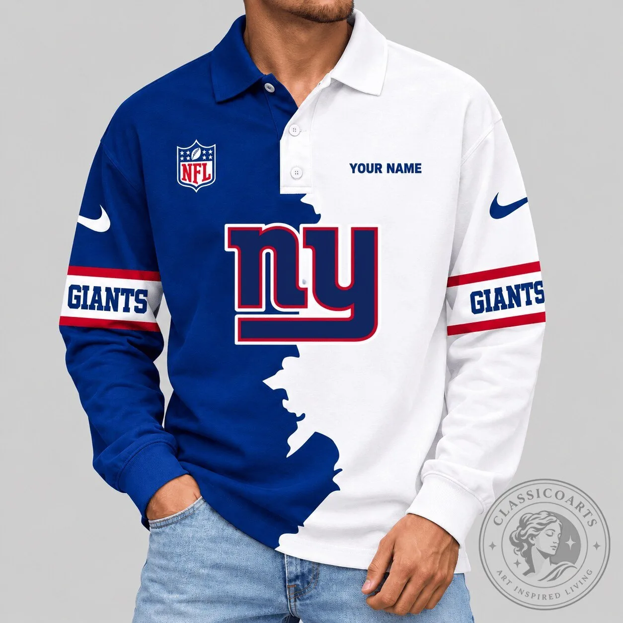 New York Giants NFL Split Panel Long Sleeve Polo Shirt