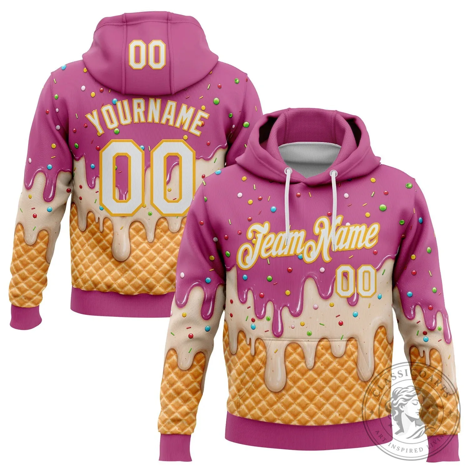 Custom Ice Cream Waffle Foodie Dessert Pink White Gold Pullover Hoodie