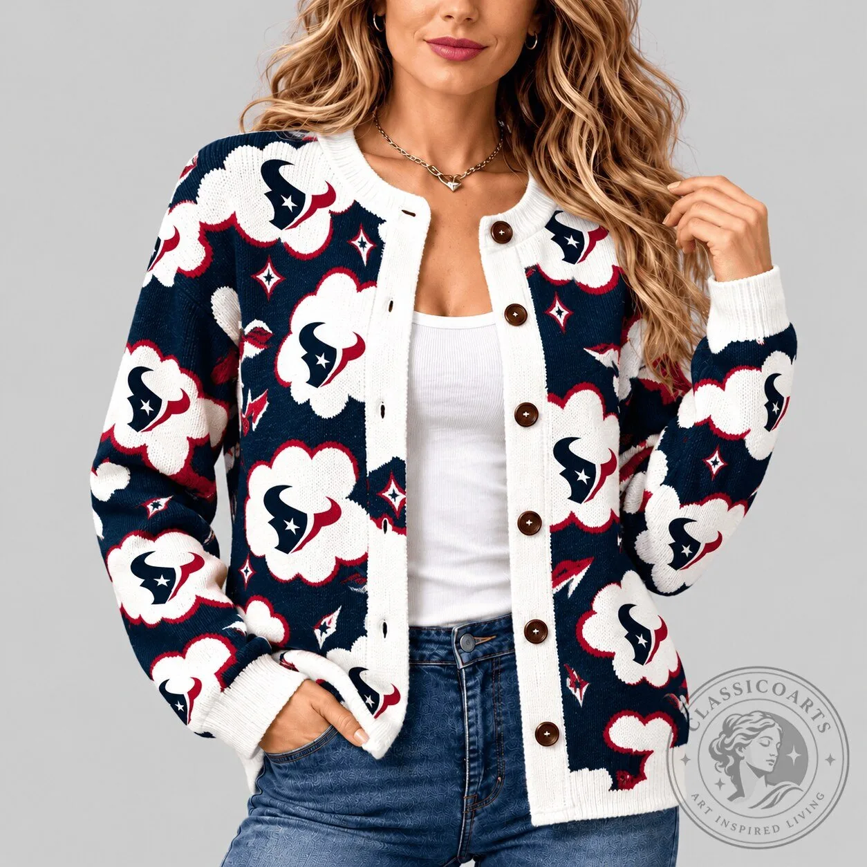Houston Texans National Football League Kiss Pattern Knit Cardigan Sweater