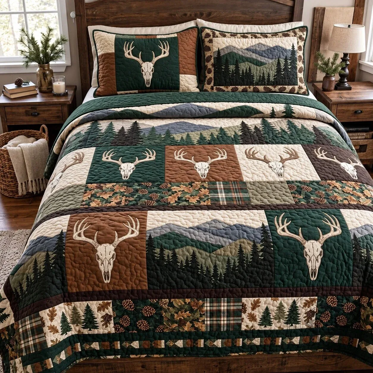 Forest Stag Deer Skull Mountain Landscape Quilted Bedding Set
