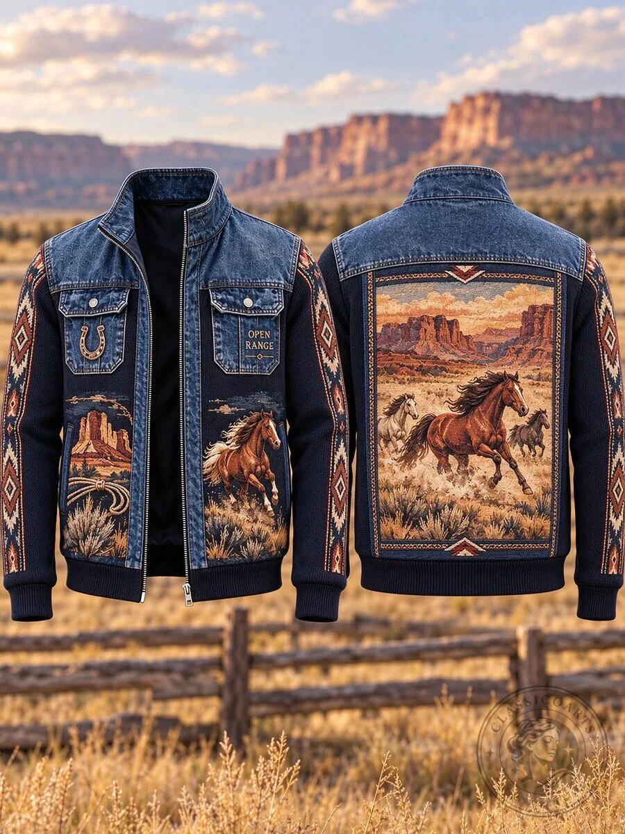 Western Cowboy Horse Open Range Denim Patchwork Style Jacket