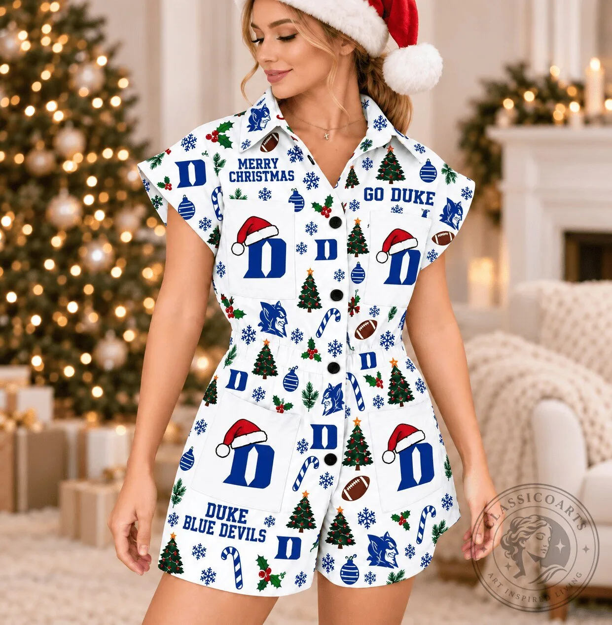 Duke Blue Devils Christmas Women's Button-Up Romper with Pockets