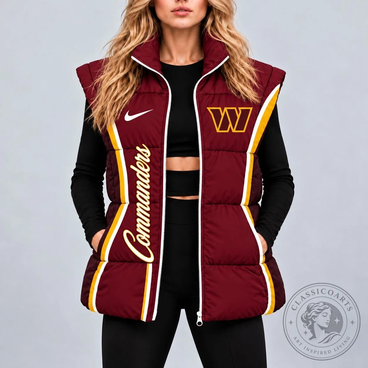 Women's Maroon Puffer Vest Featuring Washington Commanders NFL Football Team Logo