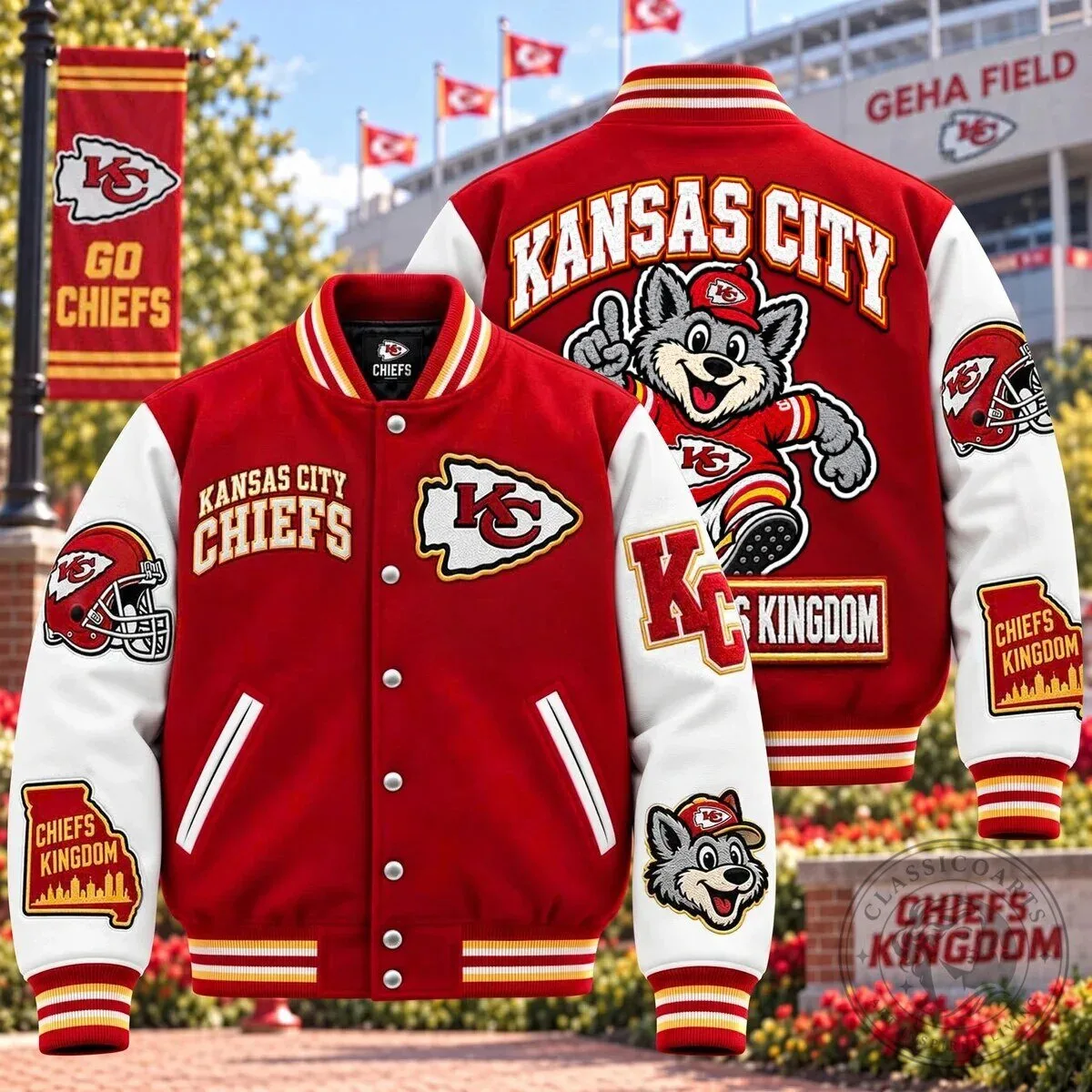 Kansas City Chiefs Football Team Red and White Varsity Jacket with Mascot