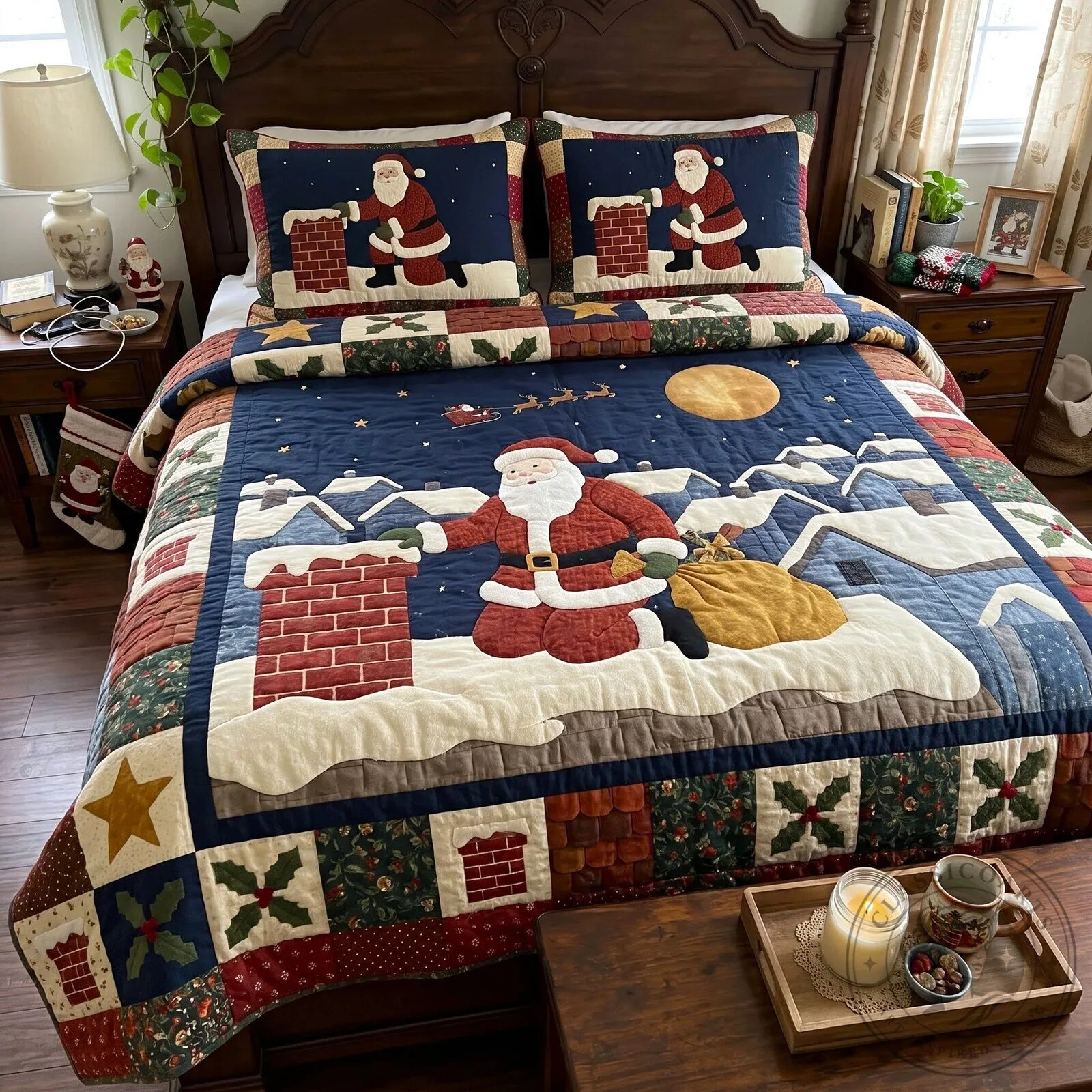 Quilted Bedding Set for Christmas Eve featuring Santa Claus and Pillow Shams