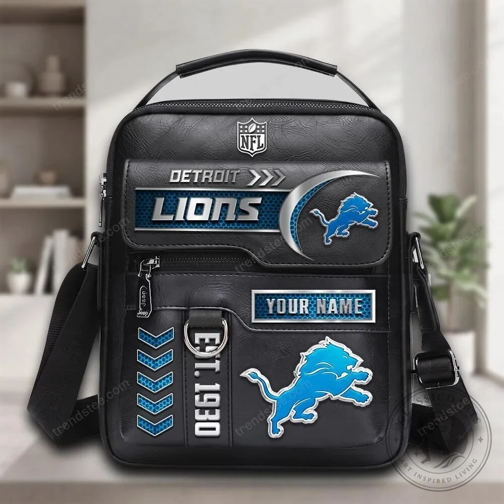 Detroit Lions Personalized NFL Football Team Logo Black Leather Crossbody Bag