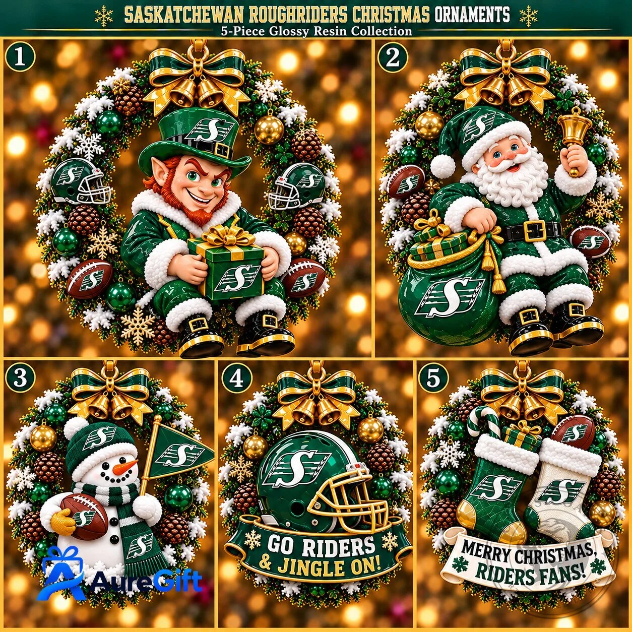 Saskatchewan Roughriders Football Team Christmas Holiday Resin Ornament Set